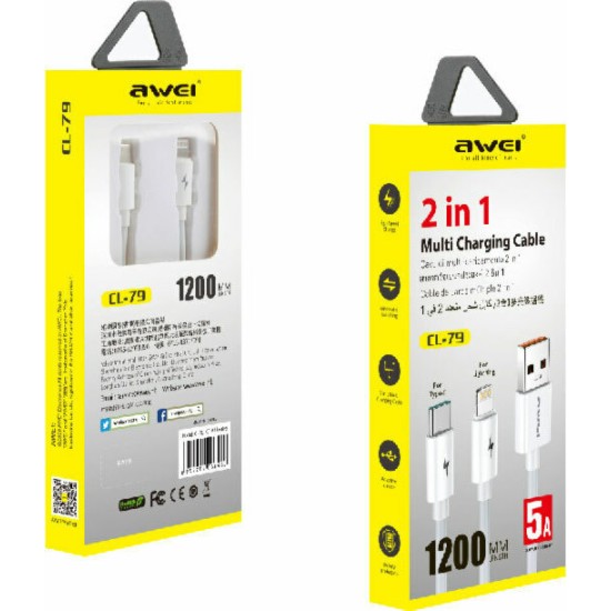 Awei Regular USB to Lightning / Type-C Cable Λευκό 1.2m (CL-79)