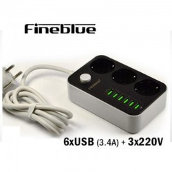 Πολύπριζο με 6 Θύρες USB 3.4A & 3 Πρίζες Fineblue F-I900