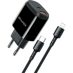 Awei USB-C to Lightning Cable & USB-A / USB-C Wall Adapter Μαύρο (AW-PD2)