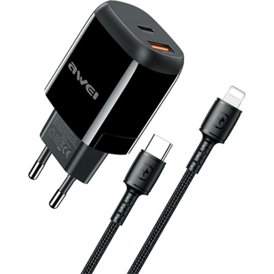 Awei USB-C to Lightning Cable & USB-A / USB-C Wall Adapter Μαύρο (AW-PD2) Awei USB-C to Lightning Cable & USB-A / USB-C Wall Adapter Μαύρο (AW-PD2)