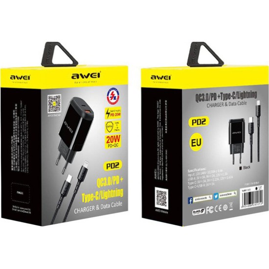 Awei USB-C to Lightning Cable & USB-A / USB-C Wall Adapter Μαύρο (AW-PD2) Awei USB-C to Lightning Cable & USB-A / USB-C Wall Adapter Μαύρο (AW-PD2)