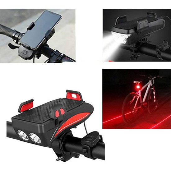 Αδιάβροχη USB Επαναφορτιζόμενη Βάση Κινητού Powerbank, Φως Πορείας, Οπίσθιος Φωτισμός LED & Κόρνα - Φακός LED 400lm Ποδηλάτου - LED Bicycle Horn Lamp Κόκκινο