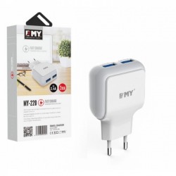USB fast charger, EMY MY-220, 5V 2.4A, Universal , 2xUSB, without cable
