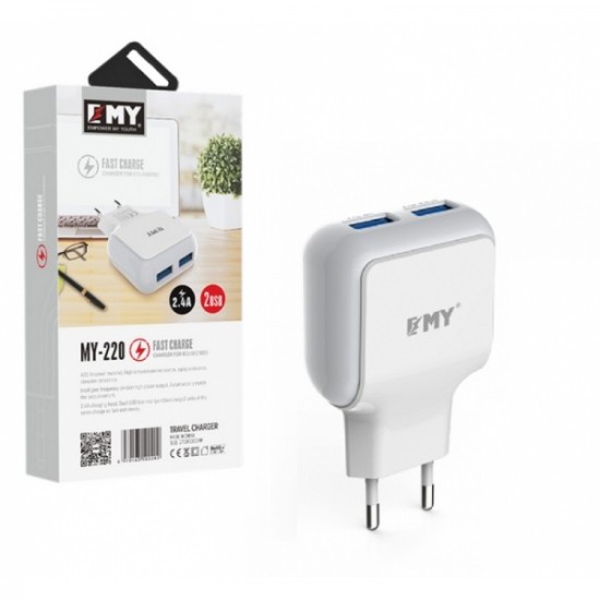 USB fast charger, EMY MY-220, 5V 2.4A, Universal , 2xUSB, without cable