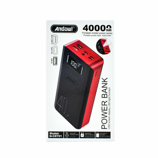 Andowl Q-CD701 Power Bank 40000mAh με 2 Θύρες USB-A και 2 Θύρες USB-C Μαύρο