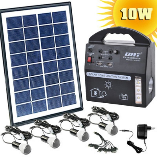 AT-8207 Ηλιακό Σύστημα Φωτισμού & Φόρτισης με Panel 10W, Μπαταρία & 4 Λάμπες LED 120LM