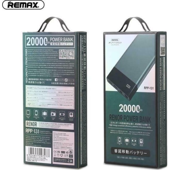 Remax RPP-131 Power Bank 20000mAh με 2 Θύρες USB-A Μαύρο