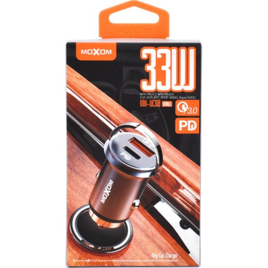 Moxom Φορτιστής Αυτοκινήτου Μαύρος Συνολικής Έντασης 3.6A με Θύρες: 1xUSB 1xType-C MX-VC08