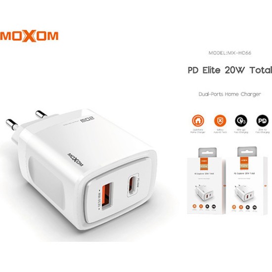 Moxom Φορτιστής Χωρίς Καλώδιο με Θύρα USB-A και Θύρα USB-C 18W Quick Charge 3.0 Λευκός (MX-HC66)