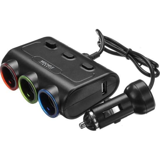 Φορτιστής Αυτοκινήτου Μαύρος Συνολικής Έντασης 2.1A με Θύρες: 2xUSB 3xΑναπτήρα μαζί με Καλώδιο Ενσωματωμένο