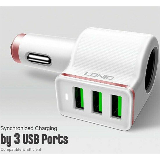 Ldnio Φορτιστής Αυτοκινήτου Λευκός Συνολικής Έντασης 4.2A με Θύρες: 3xUSB 1xΑναπτήρα