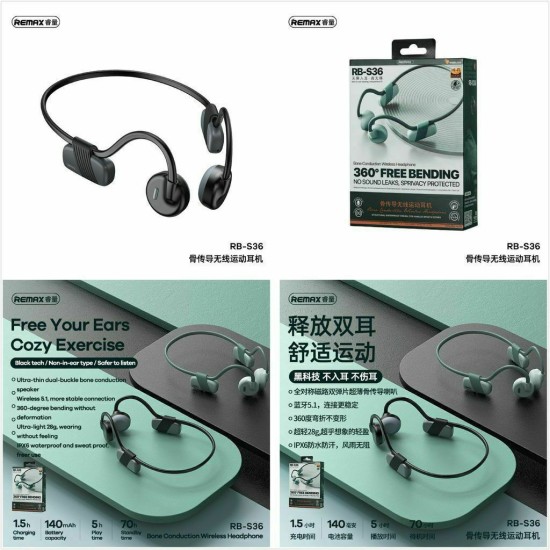 Remax RB-S36 Bone Conduction Bluetooth Handsfree Ακουστικά με Αντοχή στον Ιδρώτα Μαύρα