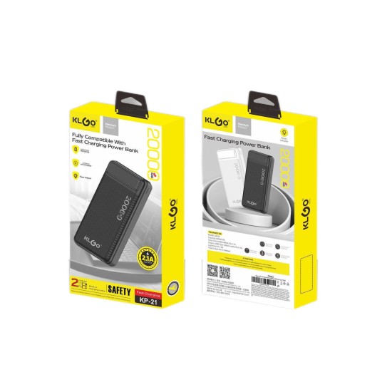 Power Bank 20000mAh με 2 Θύρες USB-A - Φορητή Μπαταρία Φόρτισης Συσκευών Μαύρο KLGO KP-21