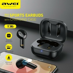 Awei T36 Earbud Bluetooth Handsfree Ακουστικά με Αντοχή στον Ιδρώτα και Θήκη Φόρτισης Μπλε 36567202