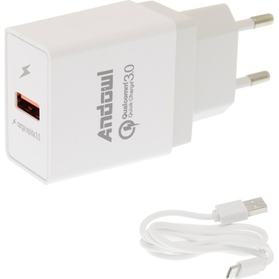 Andowl Φορτιστής με Θύρα USB-A και Καλώδιο USB-C Quick Charge 3.0 Λευκός (Q-W061B) Andowl Φορτιστής με Θύρα USB-A και Καλώδιο USB-C Quick Charge 3.0 Λευκός (Q-W061B)