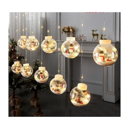 Χριστουγεννιάτικα Λαμπάκια LED Λευκά τύπου Κουρτίνα 10 Φωτιζόμενες Διάφανες Πλαστικές Μπάλες με Χιονάνθρωπο, Χιόνι 3M