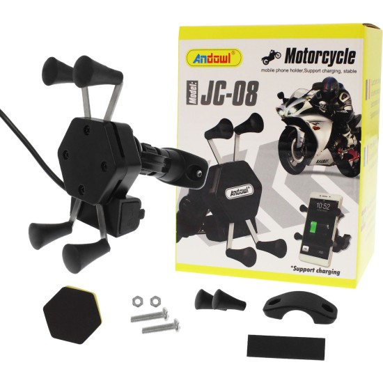 Andowl JC-08 Βάση Κινητού Μοτοσυκλέτας με Ρυθμιζόμενο Βραχίονα για το Τιμόνι και Φορτιστή Andowl JC-08 Βάση Κινητού Μοτοσυκλέτας με Ρυθμιζόμενο Βραχίονα για το Τιμόνι και Φορτιστή