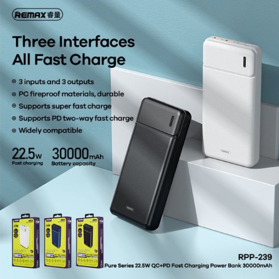 Remax RPP-239 Power Bank 30000mAh 22.5W με 2 Θύρες USB-A και Θύρα USB-C Power Delivery Μαύρο