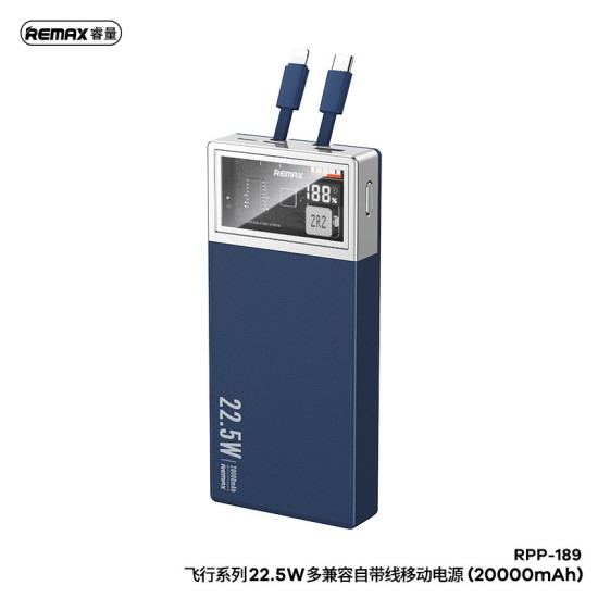 Remax RPP-189 Fly Series Power Bank 20000mAh 22.5W με Θύρα USB-A και Θύρα USB-C Μπλε