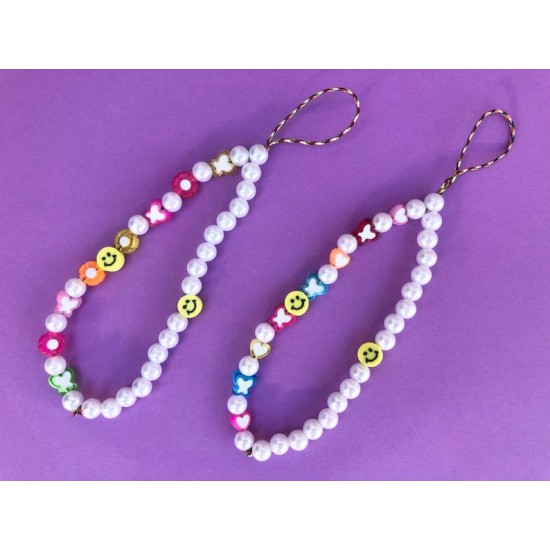 Διακοσμητικό Λουράκι με Χάντρες Fashion Jewelry για κινητό - άσπρες μικρές χάντρες με σχέδια M222