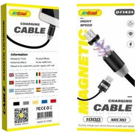 Andowl Magnetic USB to Lightning Cable Μαύρο 1m (Q-T143)