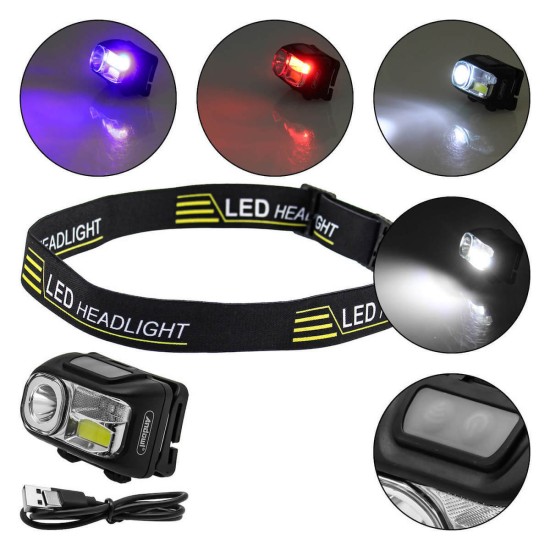 Επαναφορτιζόμενος Φακός Κεφαλής LED Λευκού Φωτισμού & Κόκκινο-Μπλε Strobe Andowl Q-TD208 – Μαύρο