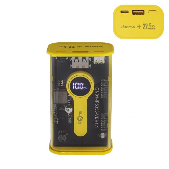 KLGO KP-91 Power Bank 10000mAh 22.5W με Θύρα USB-A και Θύρα USB-C Power Delivery Κίτρινο