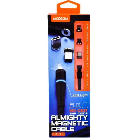 Υφασμάτινο Καλώδιο USB 3 σε 1 Micro, Type-C, Lightning 2.4Α 100cm Moxom MX-CB37 - Μαύρο