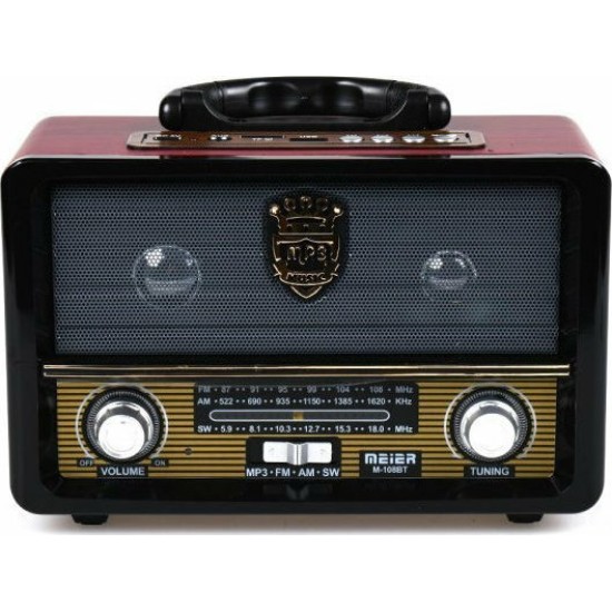 Retro Φορητό Επαναφορτιζόμενο Ραδιόφωνο USB SD Mp3 Player Recorder MEIER M-108BT Red/Black
