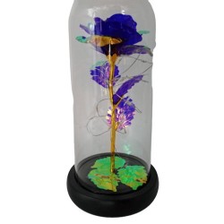 Galaxy Rose Παντοτινό Τεχνητό Τριαντάφυλλο Crystal Blue με φωτάκια LED σε γυάλινο θόλο 22 x 12 cm