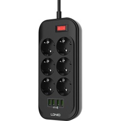 Πολύπριζο Ασφαλείας 6 Θέσεων με Διακόπτη, 4 USB και Καλώδιο 2m Ldnio SE6403 Μαύρο