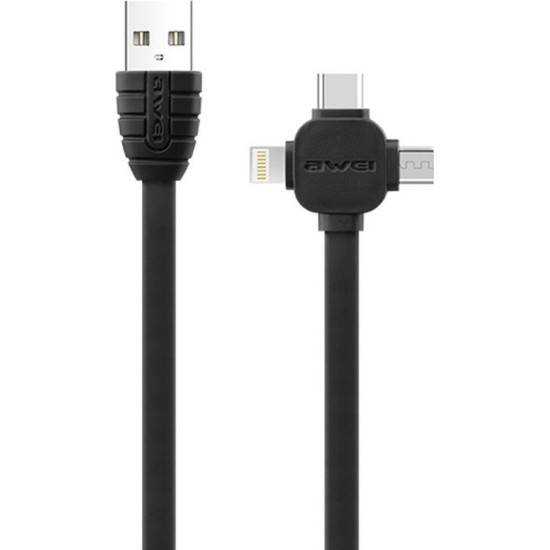 Awei Flat USB to Lightning / Type-C / micro USB Cable μαύρο 1m (CL-82)