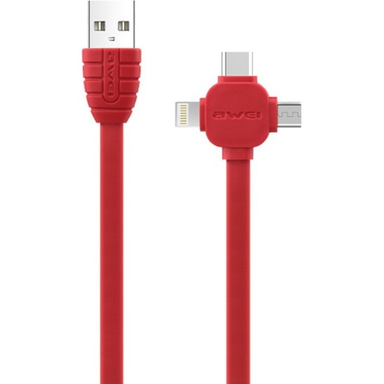 Awei Flat USB to Lightning / Type-C / micro USB Cable κόκκινο 1m (CL-82)