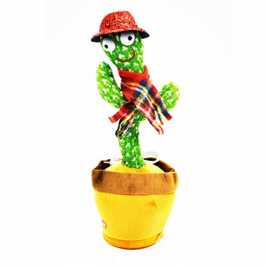 Κάκτος επαναφορτιζόμενος 32cm που χορεύει, τραγουδάει και μιλάει Cactus με Κόκκινο κα΄πελο και κασκόλ Dancing, Talking, Sing