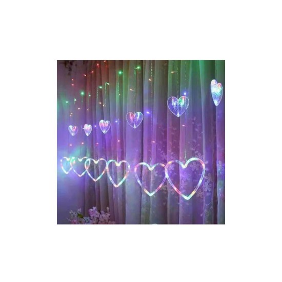 Χριστουγεννιάτικα Λαμπάκια LED Πολύχρωμα 3μ τύπου Κουρτίνα με Διαφανές Καλώδιο και Προγράμματα Καρδούλες