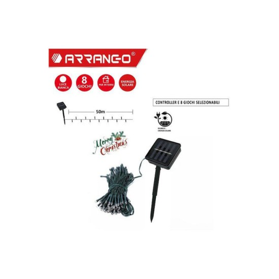 Ηλιακή Χριστουγεννιάτικη γιρλάντα με 500LED λαμπάκια Φυσικό λευκό 50μ και 8 προγράμματα Arrango AN76740