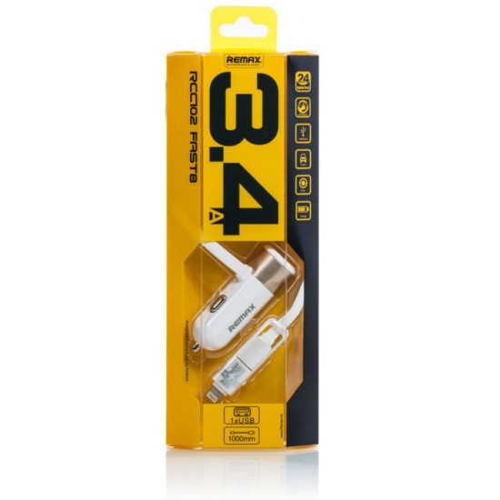 Remax fast8 rc-c102 φορτιστής αυτοκινήτου με καλώδιο lightning και micro usb 5v 3.4a λευκό