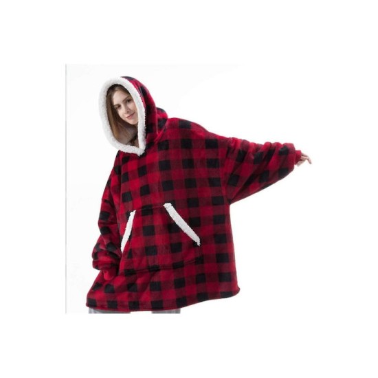 Κουβέρτα Fleece Βελούδινη Με Μανίκια Και Κουκούλα Ultra Plush Huggle Hoodie 70x90 κόκκινο καρό