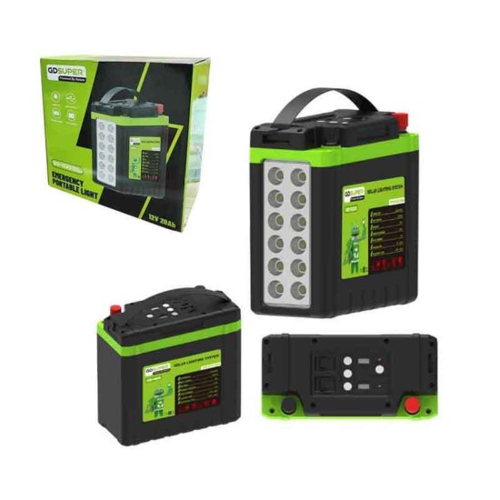 GDSuper Φορητό Φως Έκτακτης Ανάγκης - Μπαταρία Αποθήκευσης Ηλιακής Ενέργειας 12V 20Ah GD-1220 - Emergency Portable Light