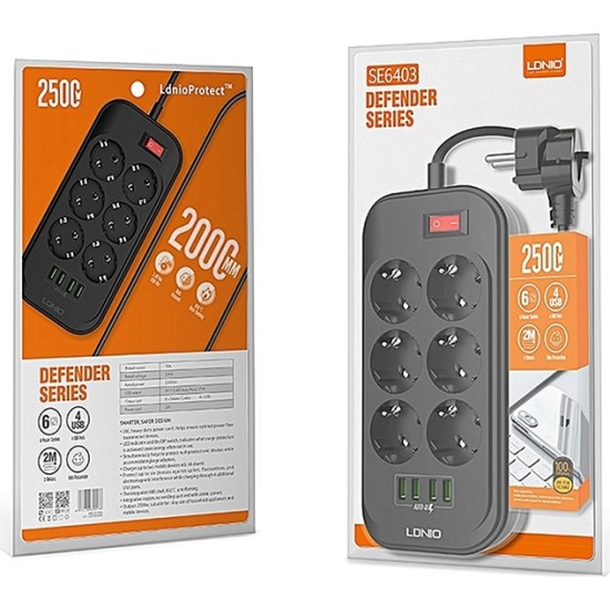 Ldnio SE6403 Πολύπριζο Aσφαλείας 6 Θέσεων με 4 USB-A, Διακόπτη και Καλώδιο 2m