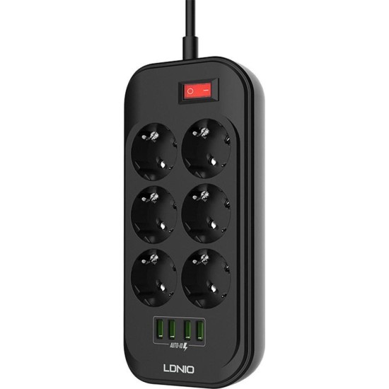 Ldnio SE6403 Πολύπριζο Aσφαλείας 6 Θέσεων με 4 USB-A, Διακόπτη και Καλώδιο 2m