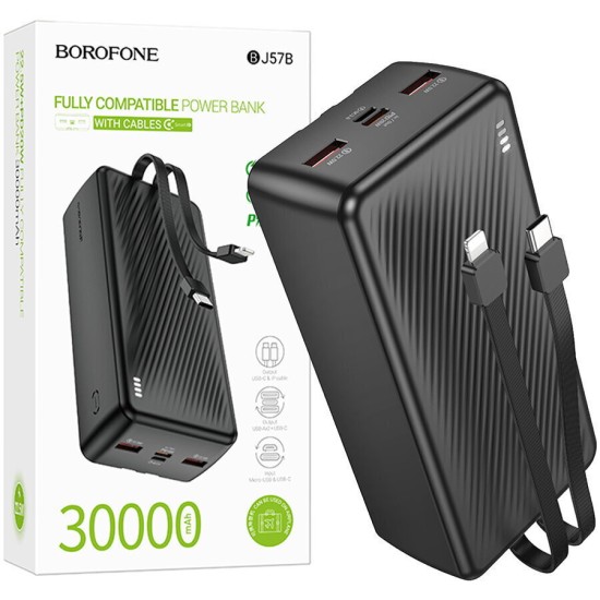 Borofone Power Bank 30000mAh με Eνσωματωμένα Καλώδια Φόρτισης και Θύρες USB-A, USB-C Μαύρο BJ57B