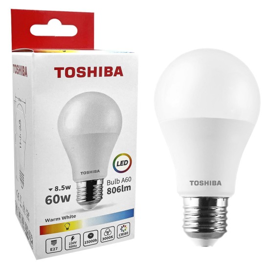 Λάμπα led toshiba για ντουί e27 θερμό λευκό 230v n_ std a60 8,5w 3000k, γωνία δέσμης 180 μοίρες  Toshiba 00168800