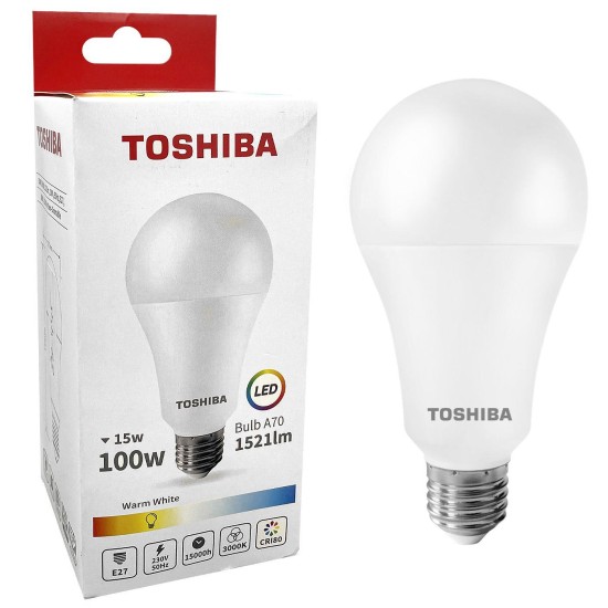 Λάμπα led toshiba για ντουί ε27 θερμό λευκό 230v n_std a70 15w 3000k γωνία δέσμης 180 μοίρες  Toshiba 00168809