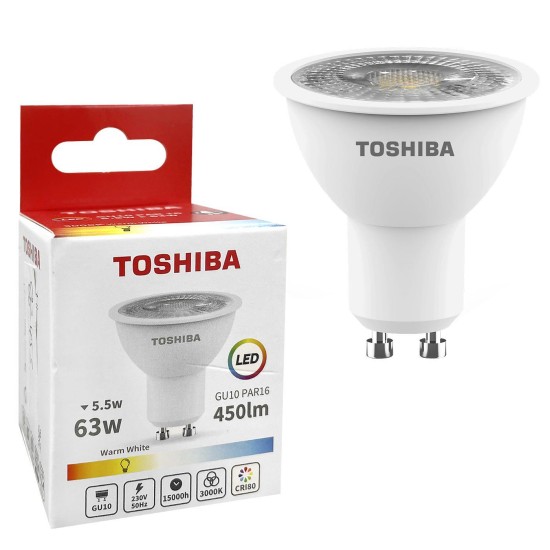 Λάμπα led toshiba σποτ για ντουί gu10 θερμό λευκό 230v 450lm n_std 5,5w 3000k γωνία δέσμης 180 μοίρες  Toshiba 00168864