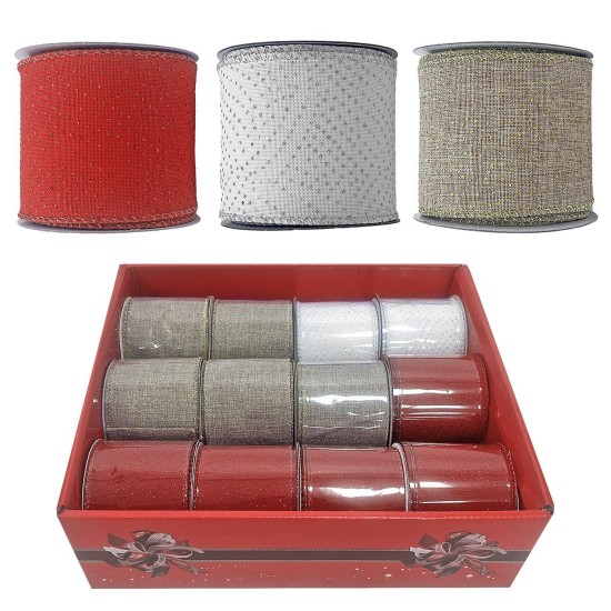 Κορδέλα χριστουγέννων λινή με πετράδια glitter 6,3cm x5,5m Xmasfest 1133328