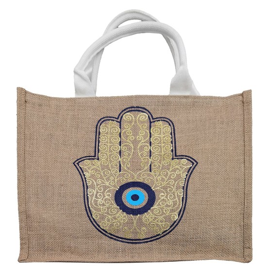 Τσάντα Παραλίας Ορθογώνια απο Λινάτσα με Χέρι-Μάτι 41x34x14cm SummerTiempo 623155