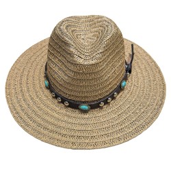 Καπέλο Ψαθόχαρτο Cowboy Δέρμα Τυρκουάζ Πέτρες ø36cm SummerTiempo 623347