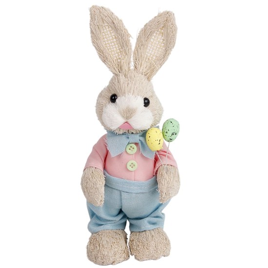 Λαγός Όρθιος Ψάθινος ροζ Πουκάμισο & Παπιγιόν Κρατάει Αυγά 23x8x8cm Bunny's 932301