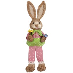Λαγός Όρθιος Ψάθινος ροζ Πουά Παντελόνι Κρατάει Λουλούδια 44x13x11cm Bunny's 932304
